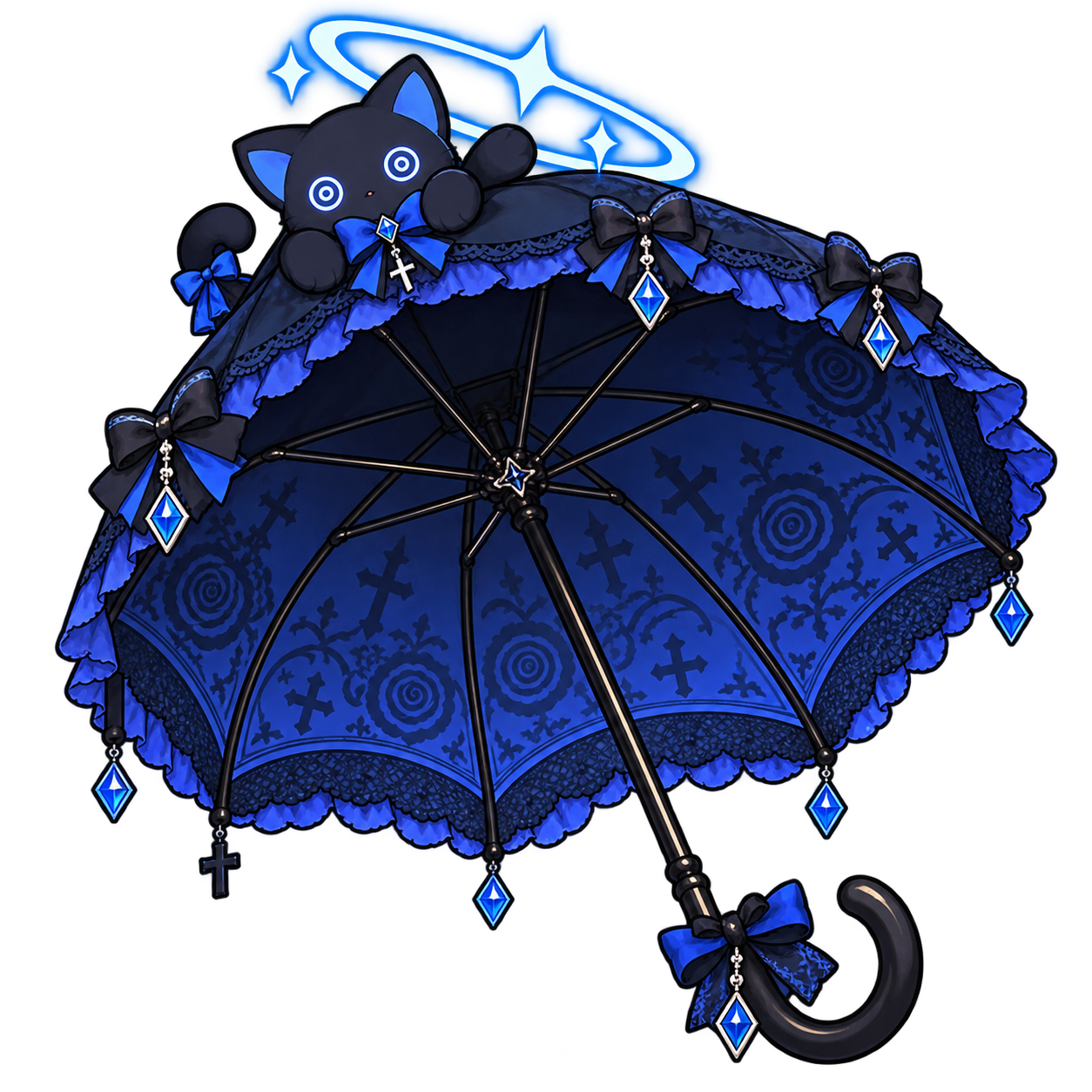 O mascote azul do plsDontProc sobre seu guarda-chuva.